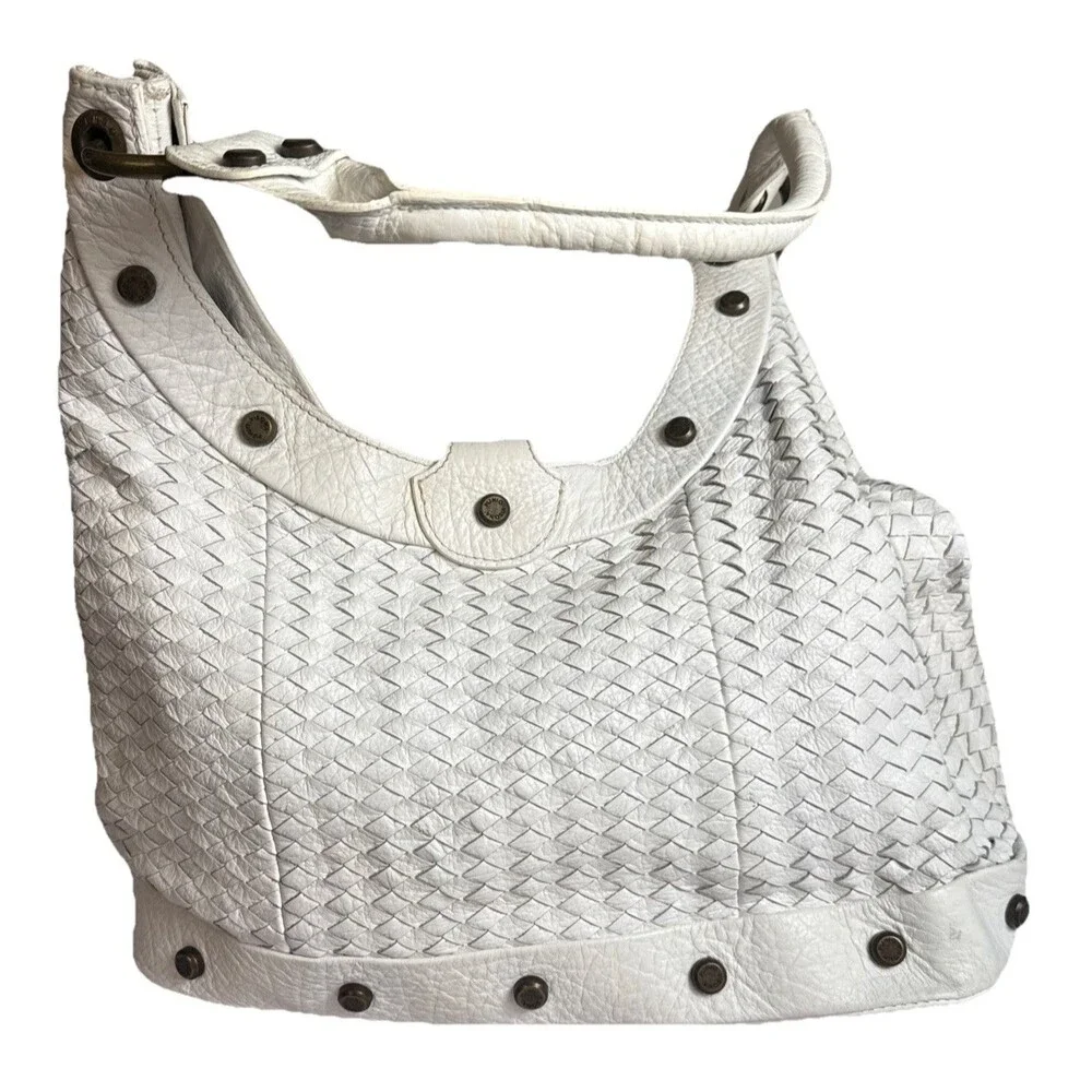 Plinio Visona Italy White Woven Leather Hobo Bag Tote Brass Studs Bottega Style